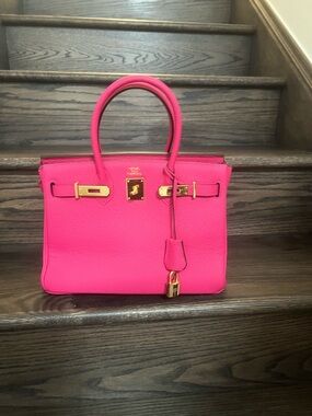 Designer-Style Hot Pink Leather Top-Handle Bag with Gold Hardware